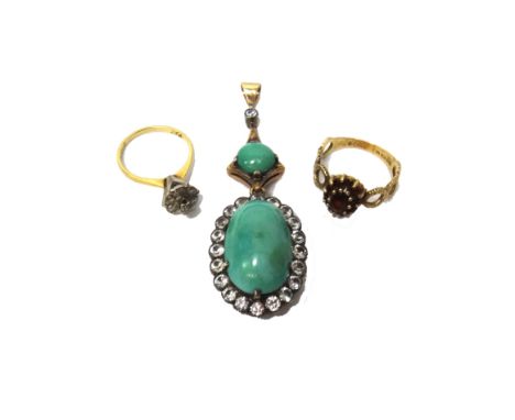 A turquoise and colourless gem set pendant, the drop mounted with the principal oval turquoise, within a colourless gem set s