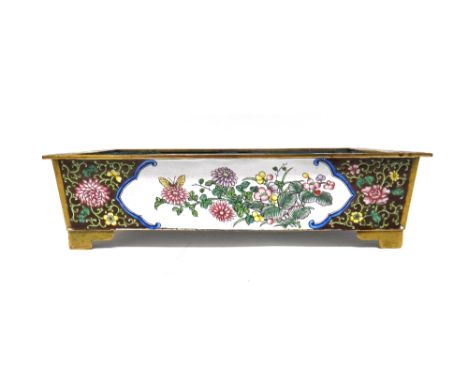 A Chinese enamel planter, late 19th century, of rectangular form, painted with panels of flowers and insects against a brown 
