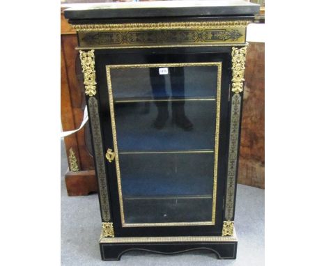 A Victorian brass inlaid single door pier cabinet on plinth base, 66cm wide.