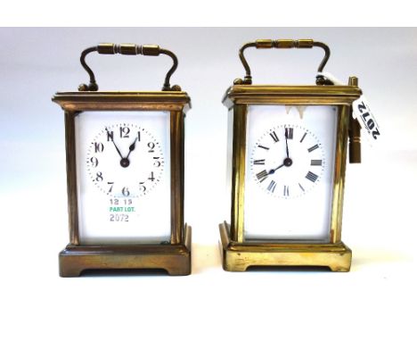 A gilt brass cased carriage clock, early 20th century, with white enamel dial and single train movement, on a plinth base, 11