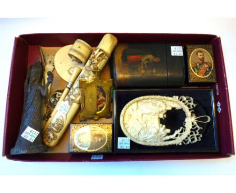 A quantity of collectables including; a Stobwasser type cigar case, (12cm), a pair of gilt lacquered papier mache matchbox ho