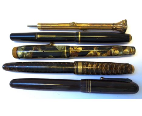 Four vintage fountain pens; Parker Vacumatic, Wyvern perfect pen No 8, a Mentmore Auto-Flow and a Swan 'Mabie Todd' self fill