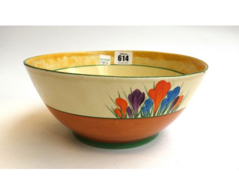 A quantity of Clarice Cliff 'Crocus' pattern dinner teawares, circa 1930, comprising; a bowl, 22cm diameter, an octagonal bow