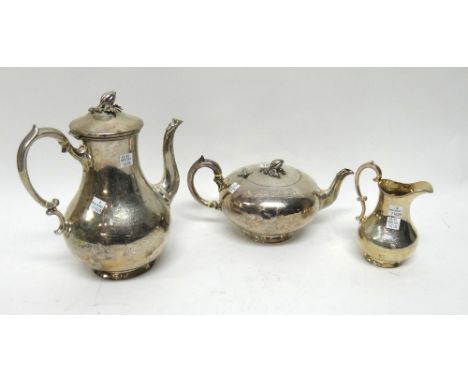 A Victorian silver three piece tea/coffee set, London 1855 maker JA, tea and coffee pots with melon finial to hinged lid abov