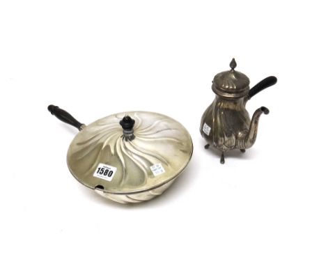 A Danish vegetable serving dish, with a detachable cover, with spiral fluted decoration, with a wooden handle and finial and 