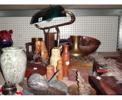 A quantity of metalware and collectables, including a brass desk light, a pear shaped box, a Cornish serpentine and sundry.