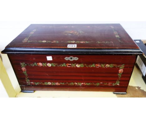 A walnut cased Swiss music box, late 19th century, the foliate painted case enclosing a six inch roller playing on three bell