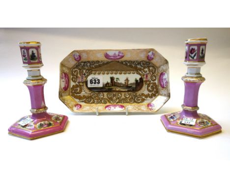 A Meissen rectangular porcelain tray, late 19th century, outside  decorated with a riverscape and surrounded by a gilt foliat