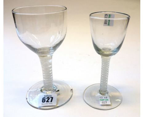 An English wine glass, circa 1760, with large ogee bowl, double series opaque twist stem and circular foot, 15cm high, and an