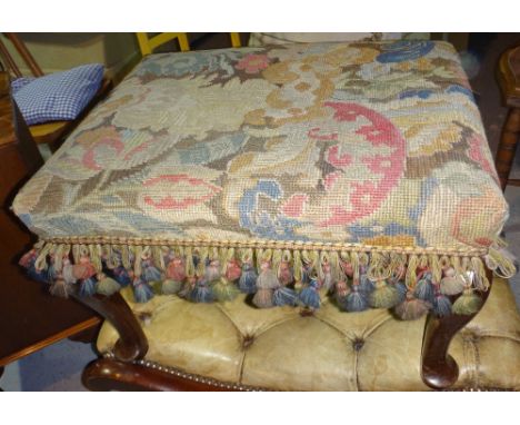 A 20th century walnut occasional table, a mahogany occasional table, a mahogany tapestry upholstered stool and a mahogany cha