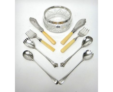 A silver rimmed faceted glass circular serving bowl, Sheffield 1905 and mostly plated flatware, comprising; six pairs of fish