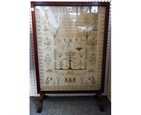 A needlework sampler by Mary de la Perello, dated 1827, with Adam and Eve flanking the tree of life, moral verse above within