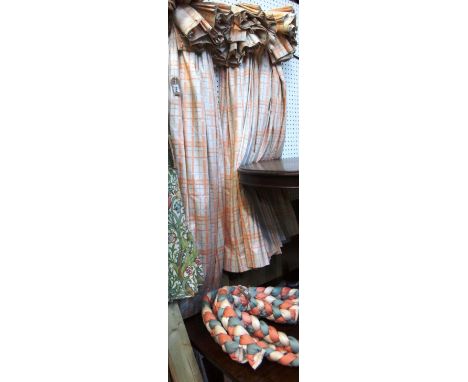 Three pairs of checked curtains with pleated tie backs; one pair 117cm wide x 146cm long; one pair 154cm wide x 213cm long; a