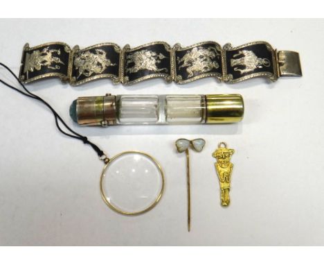 A Victorian silver gilt mounted double ended scent cum smelling salts bottle, London 1882, an opal set stick pin, a pendant, 