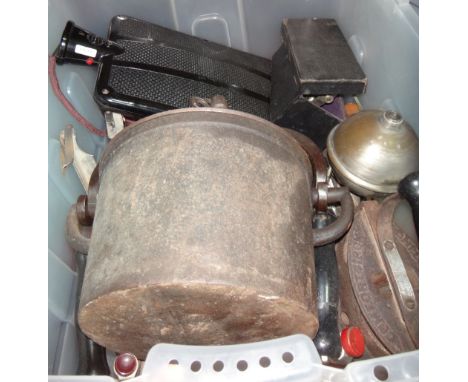 A quantity of assorted 20th century vintage home and kitchen wares, including; vintage irons, a cast iron pressure cooker, an
