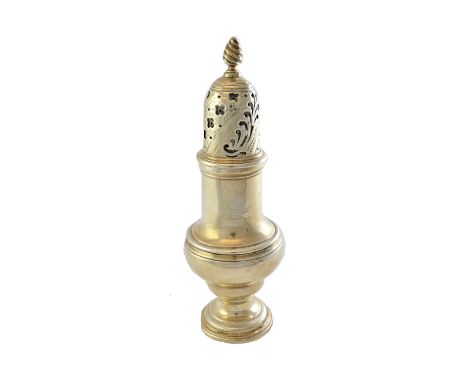 A George III silver sugar caster, of inverted pear shaped form, with a wrythen knop finial, crest engraved and on a circular 