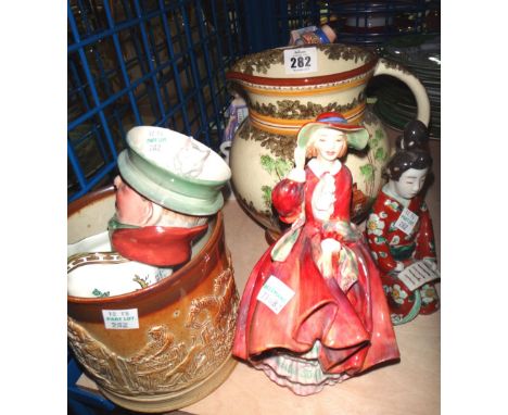A group of three Royal Doulton figures, a Nao duck group, a Copenhagen mouse and an Oriental pottery figure and sundry.