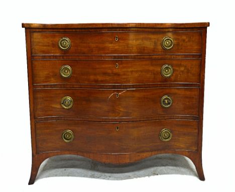 George III mahogany serpentine chest of four long graduated drawers on splayed bracket feet, 98cm wide.  Illustrated
