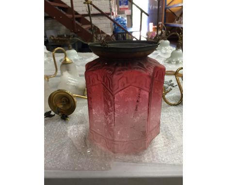 A VINTAGE MOULDE ACID ETCHED CRANBERRY COLOURED CEILING LIGHT SHADE WITH CHAIN HANGING APPROX 25CM X 20CM 
