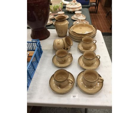 A QUANTITY OF DENBY PLATES, CUPS AND SAUCERS, FLAN DISH , VASE 