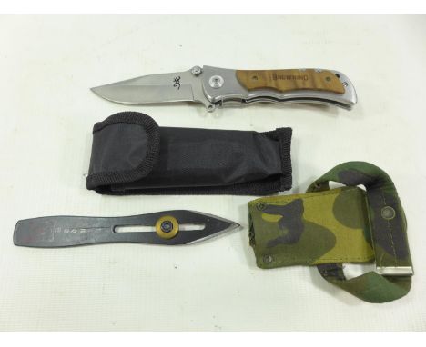 A BROWNING FOLDING KNIFE AND SCABBARD 9 CM BLADE AND AN ANDUJAR SURVIVAL KNIFE 