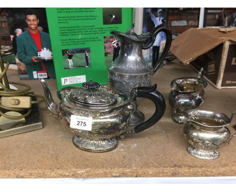 A THREE PIECE SILVER PLATED TEASET TO INCLUDE A TEAPOT, SUGAR BOWL AND CREAM JUG PLUS A COFFEE POT 