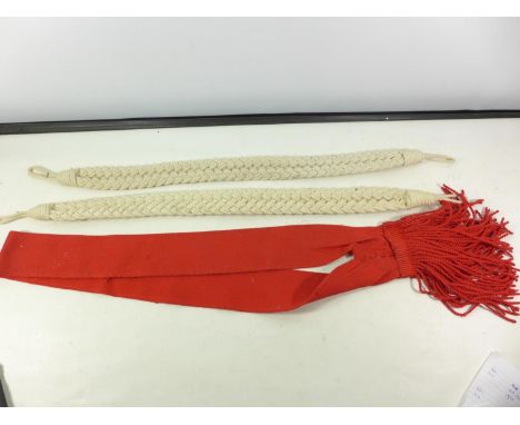 A BRITISH ARMY RED SASH, LENGTH 90CM, AND TWO CORDED STRAPS (3) 