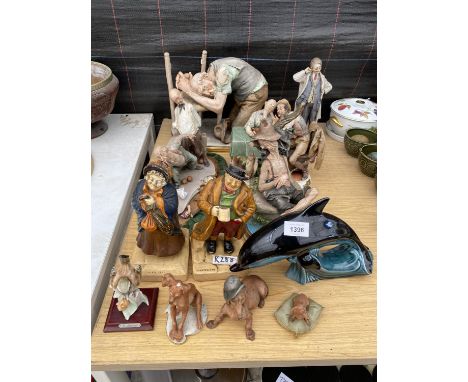 AN ASSORTMENT OF CERASMIC ITEMS TO INCLUDE A POOLE DOLPHIN, FIGURES AND ANIMAL FIGURES ETC 