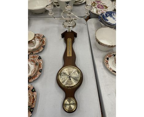 A MAHOGANY CASED BAROMETER LENGTH 50CM AND A THREE BRANCH SILVER PLATED CANDLEABRA 