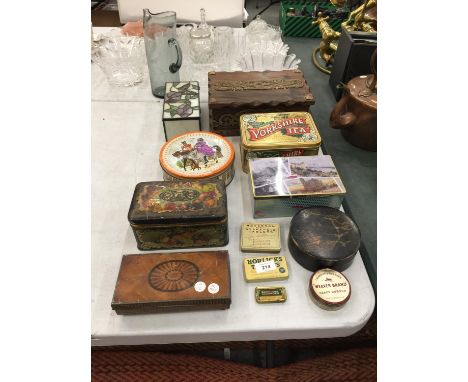 A COLLECTION OF TWELVE VINTAGE TINS TO INCLUDE CADBURY BOURNEVILLE, SWEET TINS, HRLICKS TABLETS, TOBACCO, ETC 