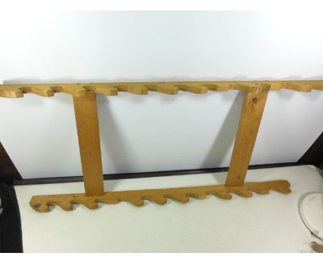 TWO WOODEN SWORD/STICK RACKS, HEIGHTS 100CM/111CM, WIDTH 40/45CM AND A FURTHER RACK, LENGTH 183CM (3) 