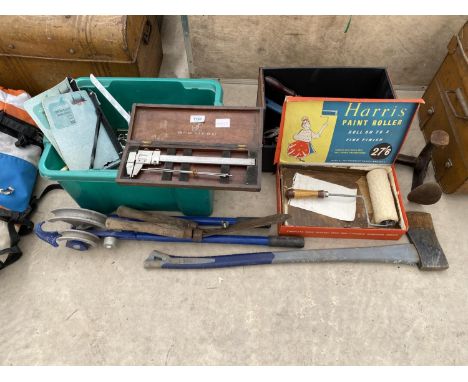 AN ASSORTMENT OF ITEMS TO INCLUDE AN AXE, PIPE BENDERS AND CALIPERS ETC 