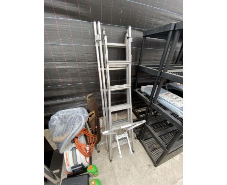 AN ALUMINIUM FIVE RUNG STEP LADDER AND A TWELVE RUNG EXTENDING LADDER 