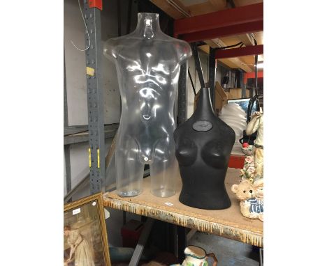 A FEMALE MANNEQUIN MADE OF PLASTIC - UPPER BODY TOGETHER WITH A PLASTIC TORSO OF A MAN 