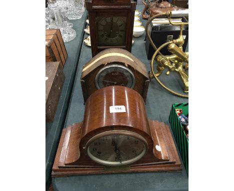 TWO VINTAGE MAHOGANY MANTLE CLOCKS AND A MAHOGANY CASED WALL CLOCK 