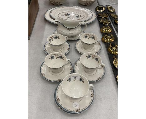 A QUANTITY OF ROYAL DOULTON 'OLD COLONY' CHINA TO INCLUDE CUPS, SAUCERS, SAUCE BOAT AND SAUCER AND SERVING PLATES 