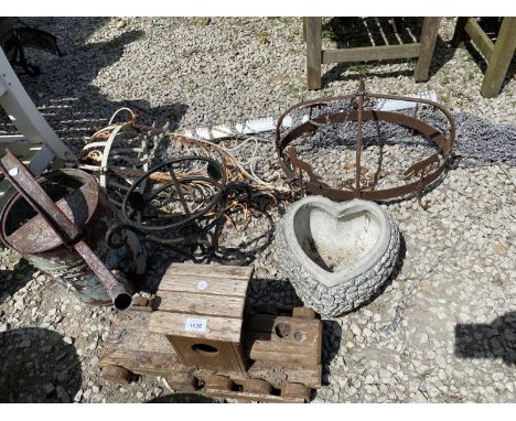 AN ASSORTMENT OF ITEMS TO INCLUDE A WATERING CAN, A HANGING PLANTER AND A WOODEN TRAIN ETC 