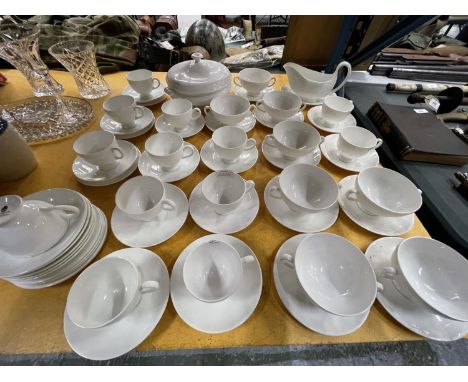 A QUANTITY OF WEDGWOOD CHINA WHITE CUPS, SAUCERS, PLATES, SAUCE BOAT, TUREEN, ETC 