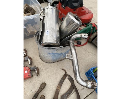 A GALVANISED MOP BUCKET AND A CAR EXHUAST PIPE 
