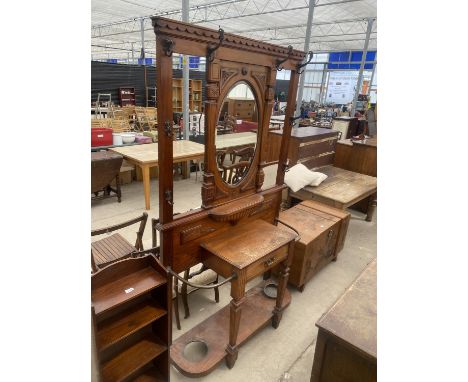 A VICTORIAN WALNUT MIRRORED HALL COAT AND STICK STAND WITH SINGLE DRAWER, 47" WIDE 