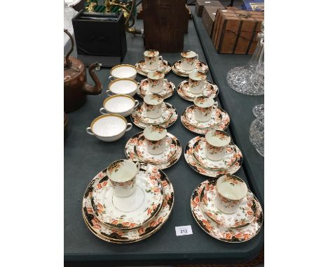 A QUANTITY OF DELPHINE CHINA CUPS, SAUCERS, PLATES, ETC, PLUS FOUR ROYAL DOULTON 'ROYAL GOLD' TWIN HANDLED CUPS 