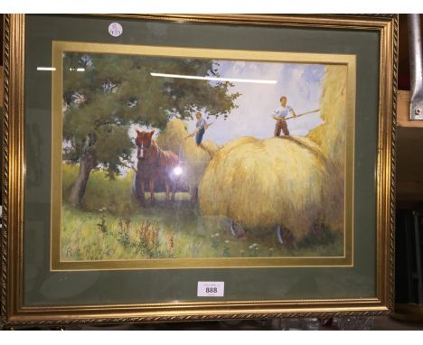 A FRAMED PRINT OF A VINTAGE HARVEST SCENE FROM THE ORIGINAL BY R C RISELEY 1941 