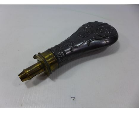 A 19TH CENTURY COPPER AND BRASS POWDER FLASK, SPRING A/F 