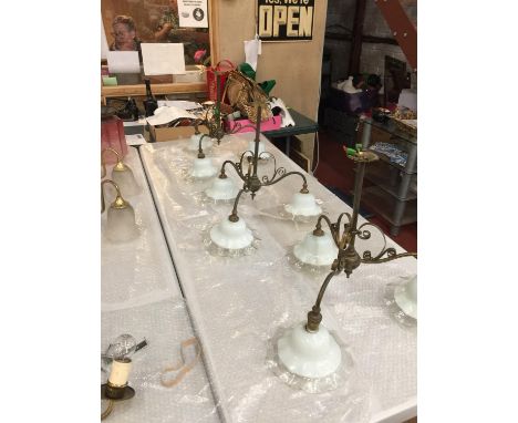 THREE VINTAGE BRASS CEILING LIGHTS, EACH WITH THREE BRANCHES AND HAND BLOWN OPAQUE AND CLEAR GLASS SHADES. DROP 33CM, WIDTH 5