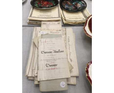 A QUANTITY OF VINTAGE POSSIBLY VICTORIAN DOCUMENTS RELATING TO MORTGAGES, CONVEYANCES, ETC 