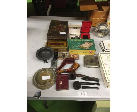 A COLLECTION OF ITEMS TO INCLUDE VINTAGE PIPES - ONE IN A LEATHER CASE - VINTAGE TINS, A LUMIX 'CAMERA' LIGHTER BOXED, ETC 