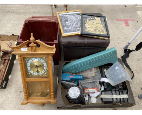 AN ASSORTMENT OF ITEMS TO INCLUDE TOOLS, PRINTS AND A CLOCK ETC 
