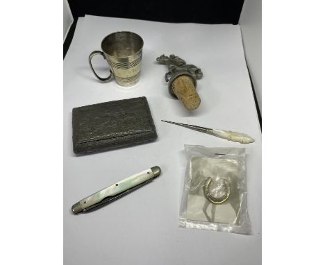 A DIXON AND SON PEWTER LIDDED BOX WITH HUNTING DESIGN, A SMALL TANKARD, A HORSE AND JOCKEY WINE STOPPER, MOTHER OF PEARL PENK