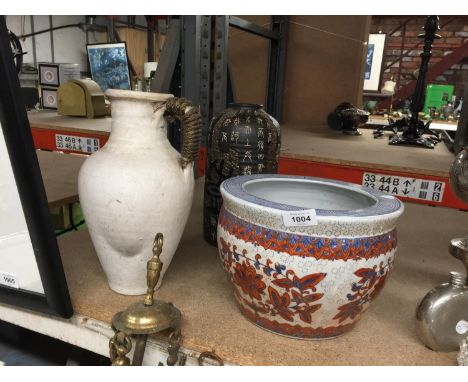 A LARGE PLANTER ORIENTAL STYLE TOGETHER WITH A POT JUG WITH ROPE HANDLE AND A STONE VASE MARKED TO THE BASE 