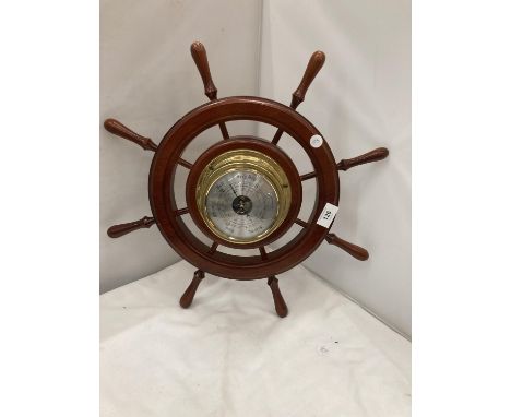 A VINTAGE STYLE OAK SHIPS WHEEL BAROMETER DIAMETER APPROX 48CM 